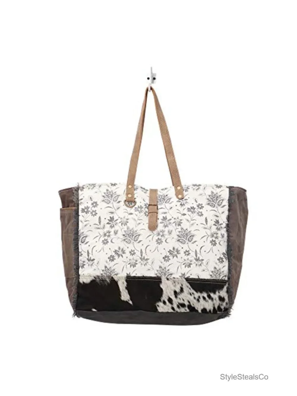 Canvas Floral Hobo Bag with Leather Strap - Tote Shoulder Purse
